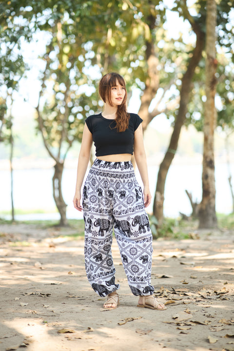 Elephant Black White Boho Pants