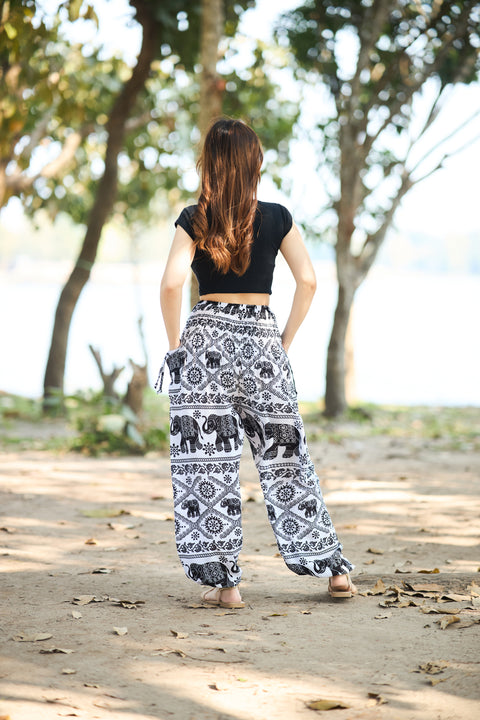 Elephant Black White Boho Pants
