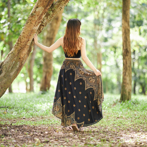 BLACK PEACOCK FLOWER LONG SKIRT