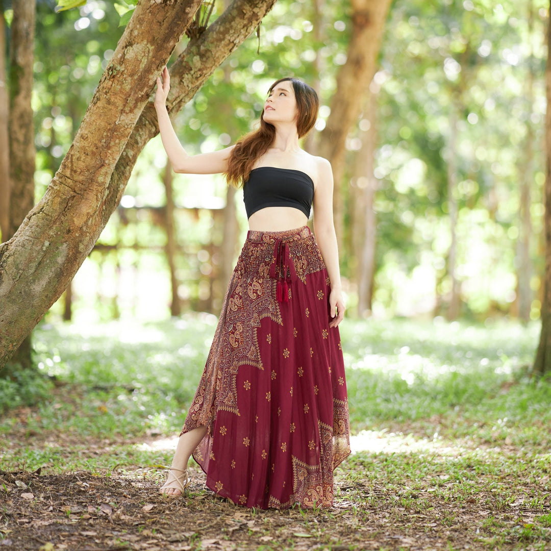 BURGUNDY FLOWY BOHO SKIRT - Lannaclothesdesign Shop