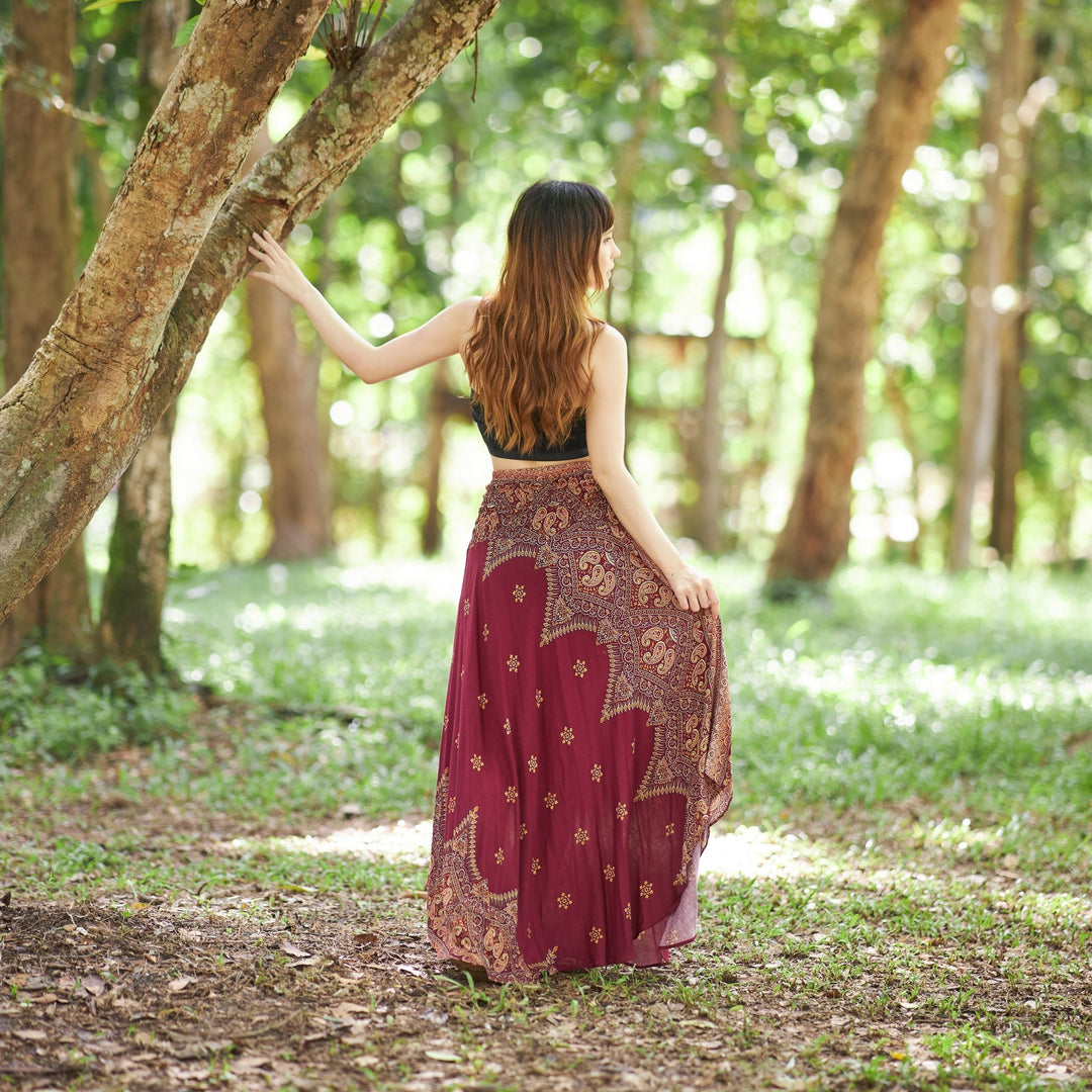 BURGUNDY FLOWY BOHO SKIRT - Lannaclothesdesign Shop