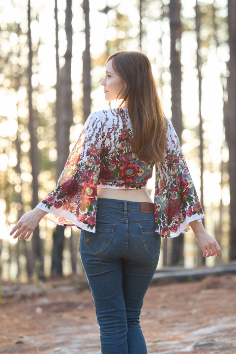 Flower Women Boho Wrap Top - Casual Shirt - White