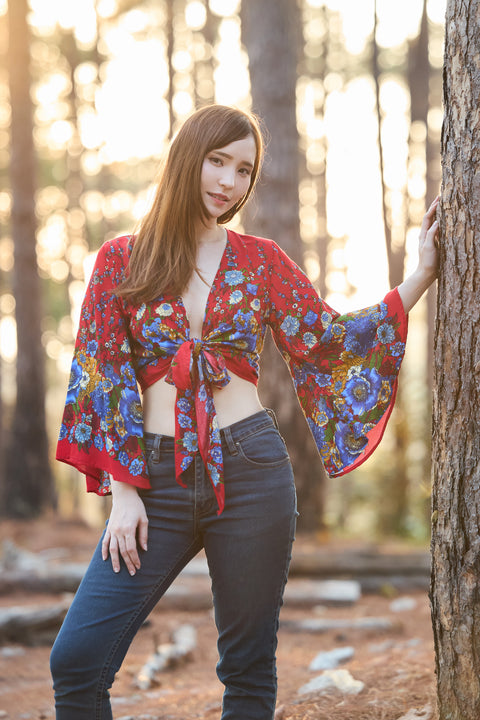 Flower Women Boho Wrap Top - Casual Shirt - Red