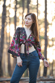 Flower Women Boho Wrap Top - Casual Shirt - Black