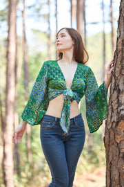 Colorful Peacock Women Boho Wrap Top - Casual Shirt - Green