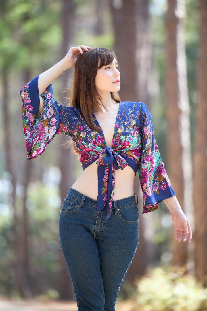 Flower Women Boho Wrap Top - Casual Shirt - Dark Blue - Lannaclothesdesign Shop