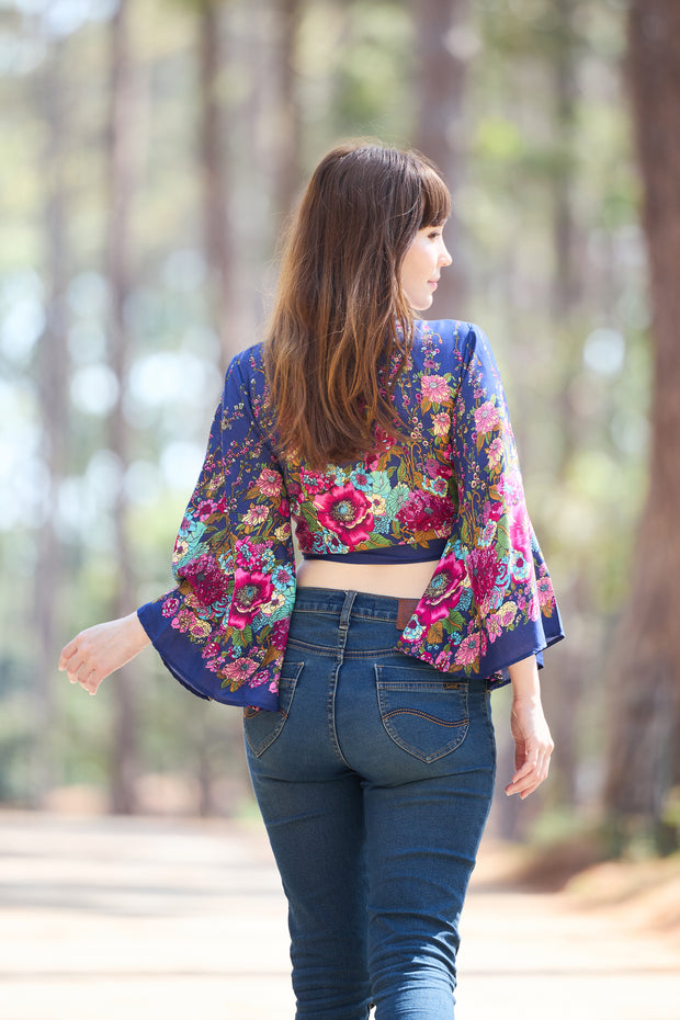 Flower Women Boho Wrap Top - Casual Shirt - Dark Blue