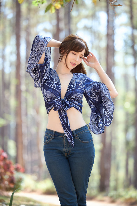 Elephant Women Boho Wrap Top - Casual Shirt - Dark Blue