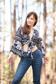 Chain Elephant Women Boho Wrap Top - Casual Shirt - Black