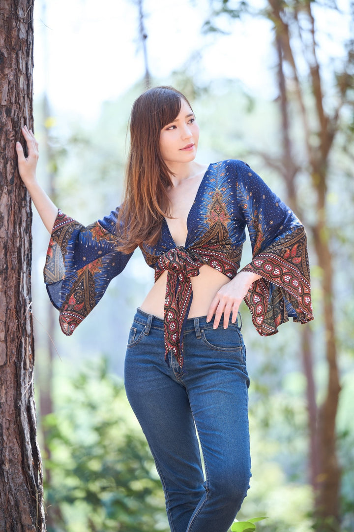 Peacock Women Boho Wrap Top - Casual Shirt - Dark Blue - Lannaclothesdesign Shop