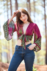 Peacock Women Boho Wrap Top - Casual Shirt - Burgundy