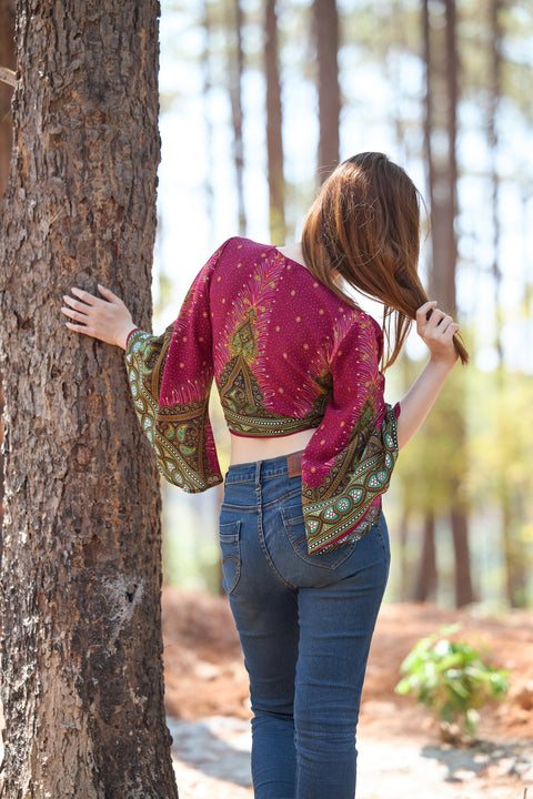 Peacock Women Boho Wrap Top - Casual Shirt - Burgundy