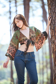 Flower Mandala Women Boho Wrap Top - Casual Shirt - Green