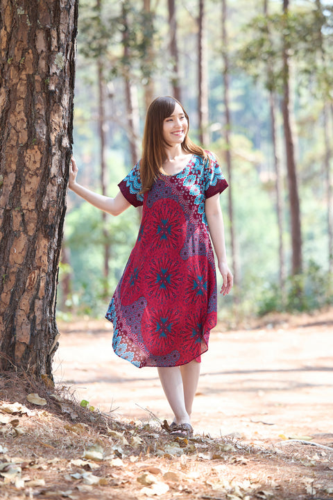 Burgundy Flower Mandala Dress with Sleeves and Two Pockets