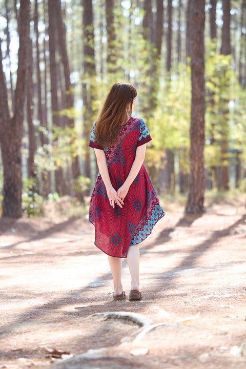 Burgundy Flower Mandala Dress with Sleeves and Two Pockets