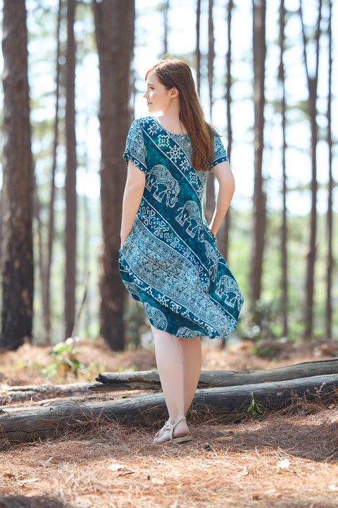 Teal Elephant Fabric Dress with Sleeves and Two Pockets