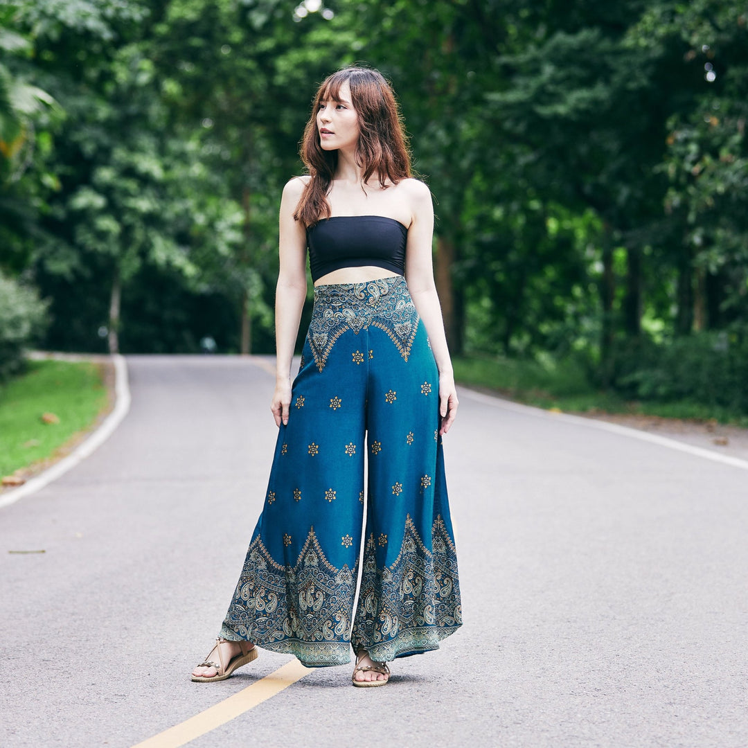 Womens Peacock Flower Palazzo Pants - Lannaclothesdesign Shop