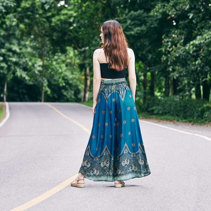 Womens Peacock Flower Palazzo Pants - Lannaclothesdesign Shop