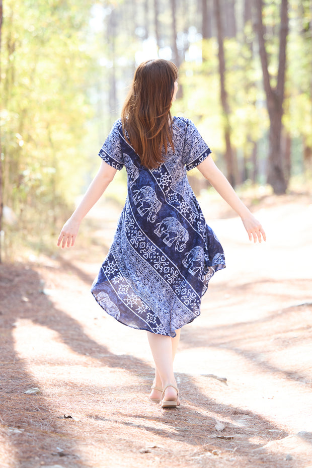 Dark Blue Elephant Fabric Dress with Sleeves and Two Pockets