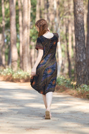 Black Flower Eye Dress with Sleeves and Two Pockets