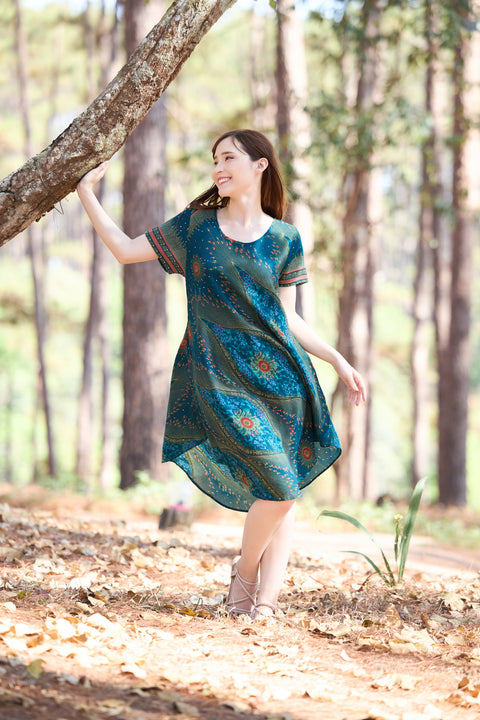 Teal Flower Eye Dress with Sleeves and Two Pockets