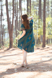 Teal Flower Eye Dress with Sleeves and Two Pockets