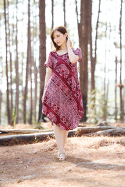 Burgundy Elephant Fabric Dress with Sleeves and Two Pockets