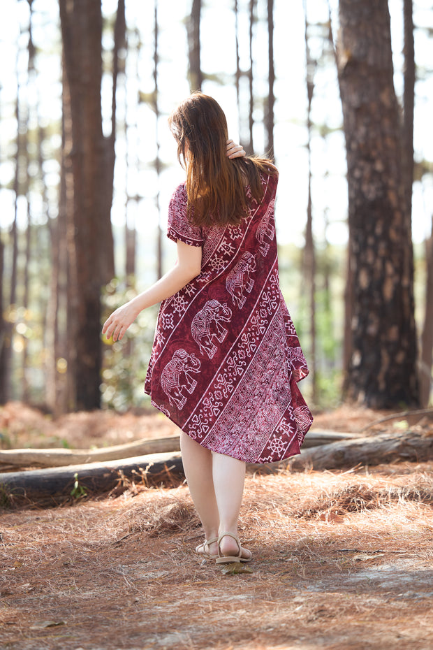 Burgundy Elephant Fabric Dress with Sleeves and Two Pockets