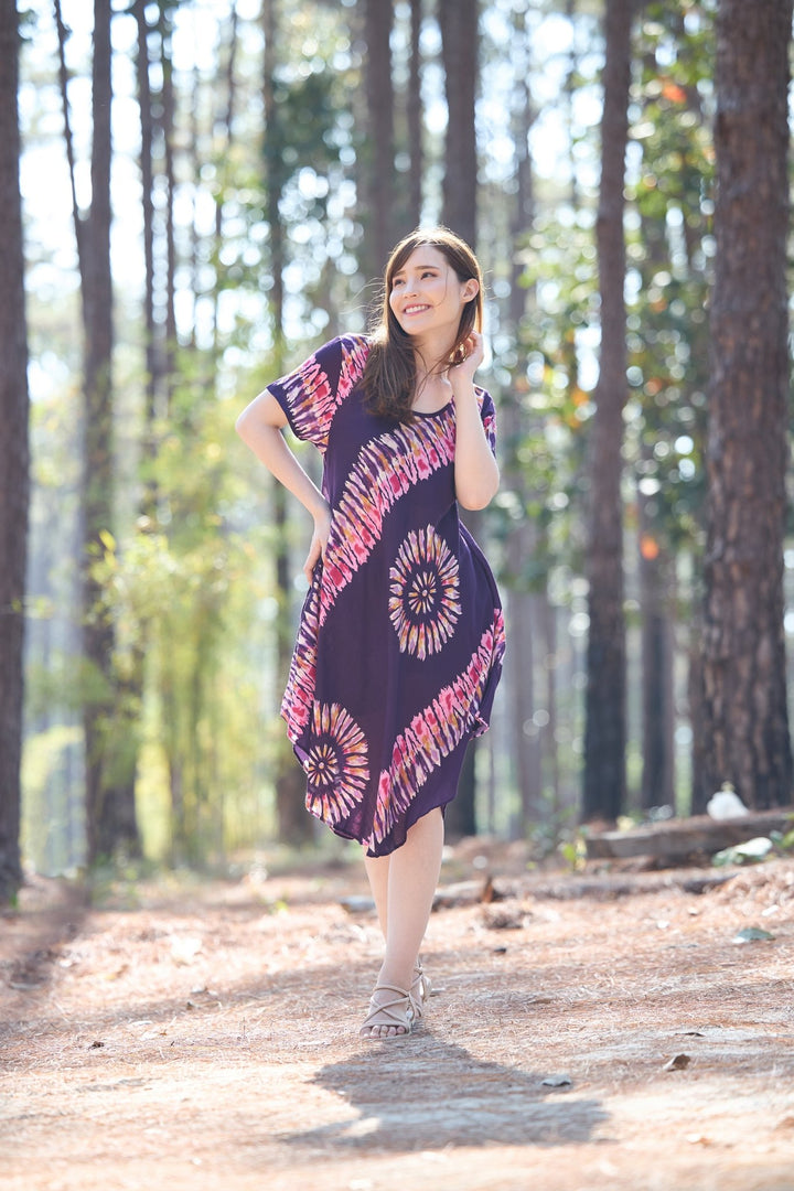 Purple Printed Colorful Dress with Sleeves and Two Pockets - Lannaclothesdesign Shop