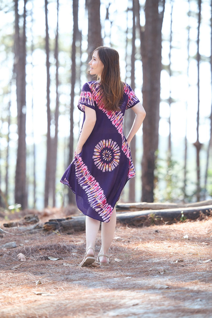 Purple Printed Colorful Dress with Sleeves and Two Pockets - Lannaclothesdesign Shop