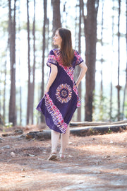 Purple Printed Colorful Dress with Sleeves and Two Pockets