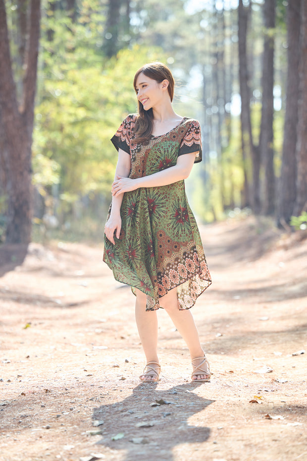 Green Flower Mandala Dress with Sleeves and Two Pockets