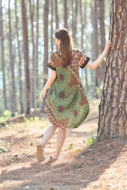 Green Flower Mandala Dress with Sleeves and Two Pockets