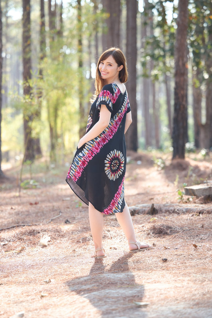 Black Printed Colorful Dress with Sleeves and Two Pockets - Lannaclothesdesign Shop