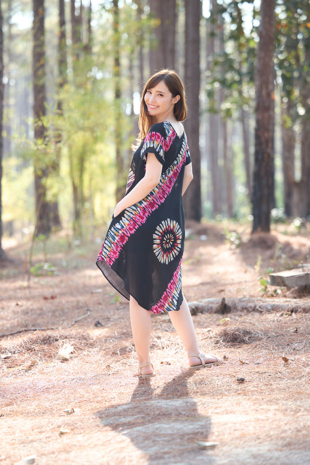 Black Printed Colorful Dress with Sleeves and Two Pockets