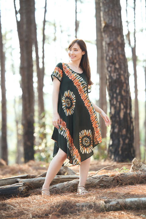 Green Printed Colorful Dress with Sleeves and Two Pockets