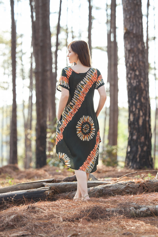 Green Printed Colorful Dress with Sleeves and Two Pockets