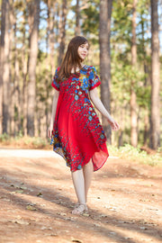 Red Flower fabric Dress with Sleeves and Two Pockets