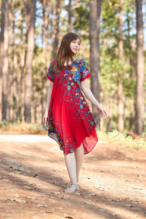 Red Flower fabric Dress with Sleeves and Two Pockets