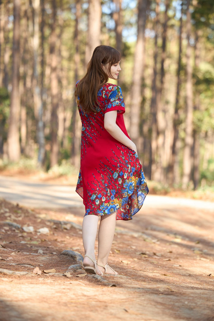 Red Flower fabric Dress with Sleeves and Two Pockets - Lannaclothesdesign Shop