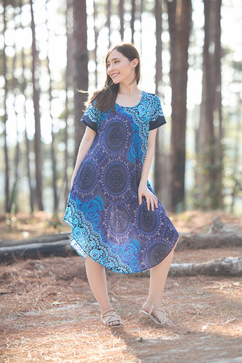 Blue Rose Circle Fabric Dress with Sleeves and Two Pockets