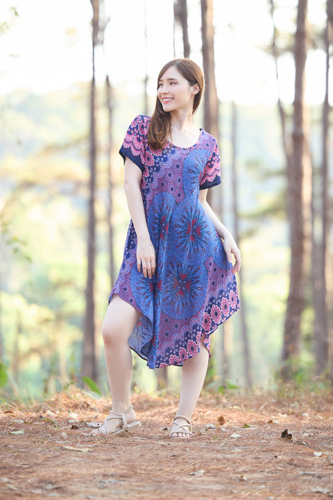 Dark Blue Flower Mandala Dress with Sleeves and Two Pockets