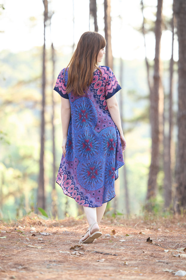 Dark Blue Flower Mandala Dress with Sleeves and Two Pockets