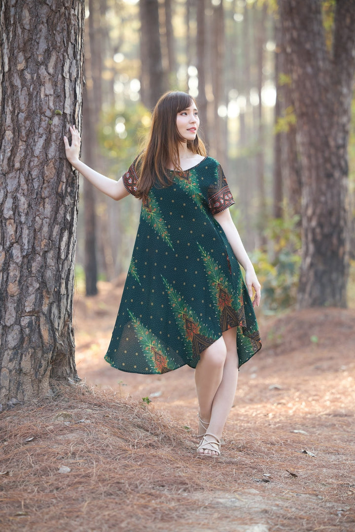 Green Peacock Fabric Dress with Sleeves and Two Pockets - Lannaclothesdesign Shop