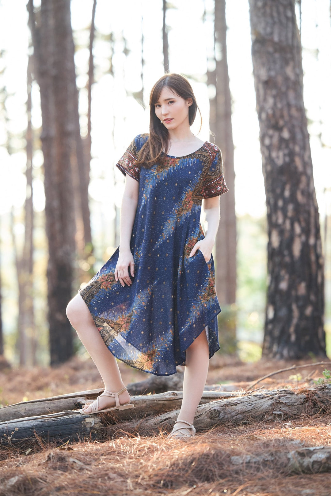 Dark Blue Peacock Fabric Dress with Sleeves and Two Pockets - Lannaclothesdesign Shop