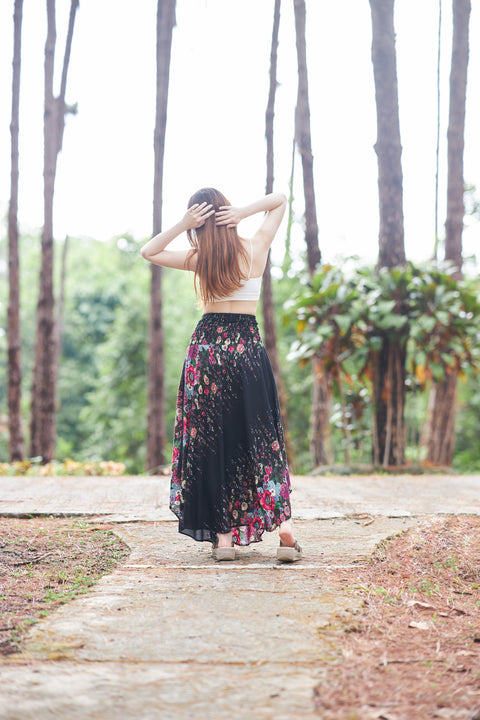 BLACK FLOWER LONG MAXI SKIRT