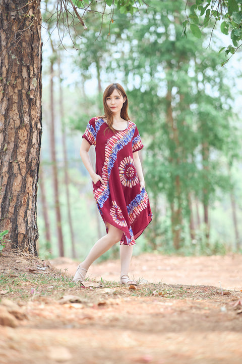 Burgundy Printed Colorful Dress with Sleeves and Two Pockets