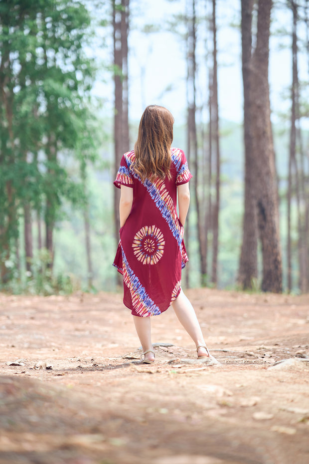 Burgundy Printed Colorful Dress with Sleeves and Two Pockets