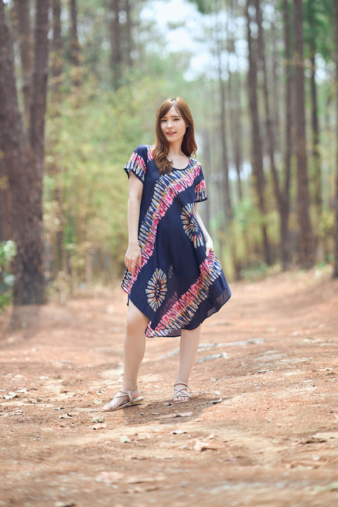 Dark Blue Printed Colorful Dress with Sleeves and Two Pockets