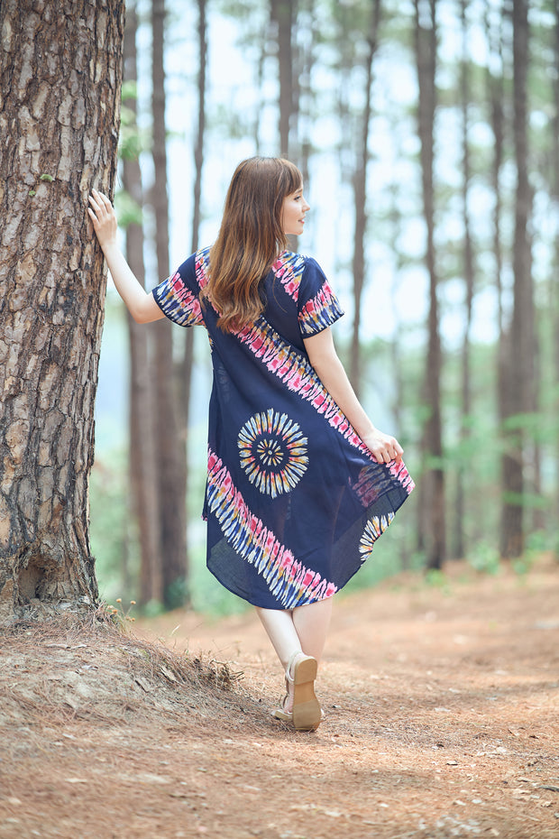 Dark Blue Printed Colorful Dress with Sleeves and Two Pockets